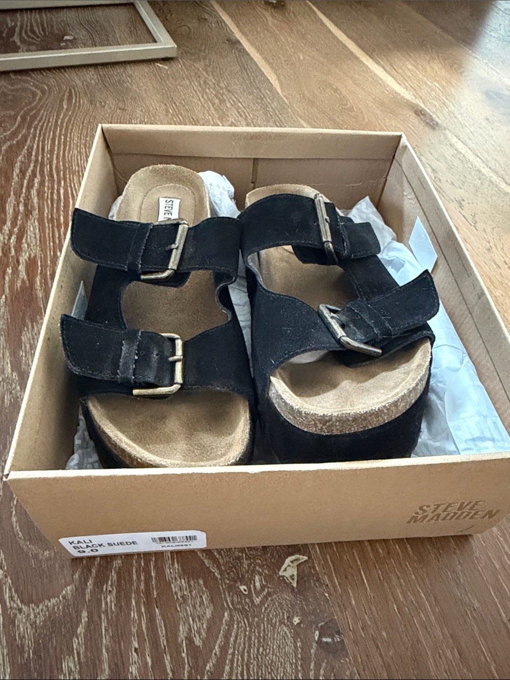 Steve Madden Kids Black Suede Double-Buckle Slide Sandals